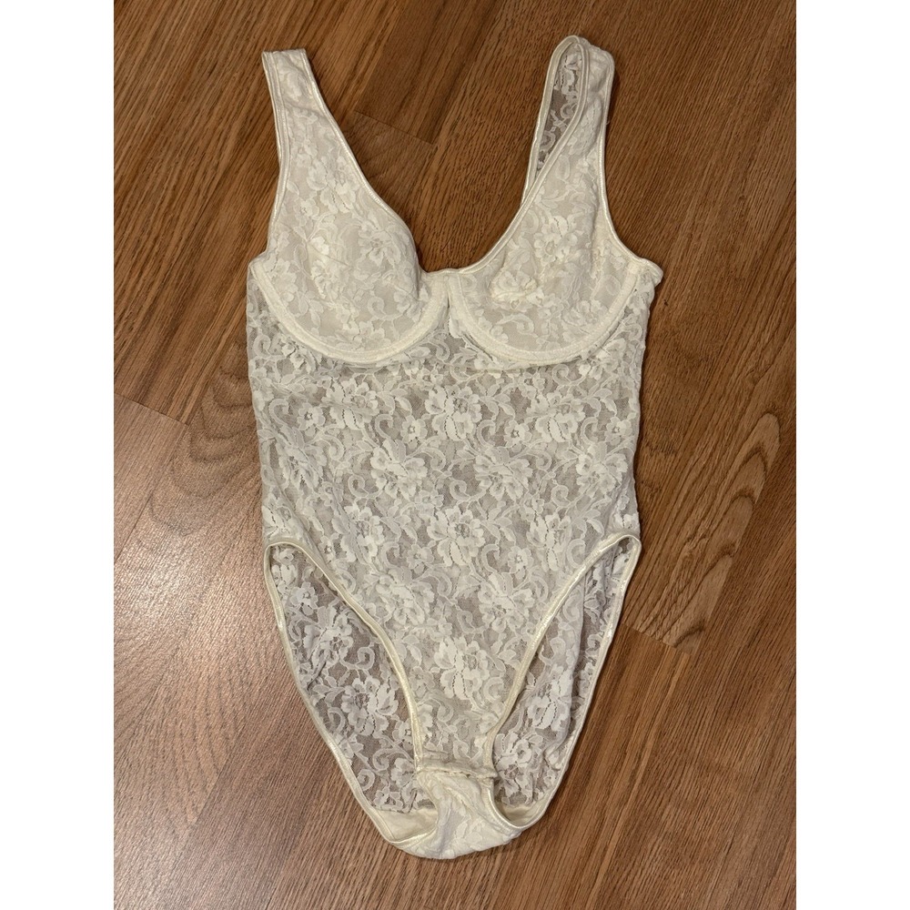 Vintage 90s Lace Mesh Teddy Bodysuit Hi-Cut Leg One Piece Ivory‎ Sexy Sz MED USA